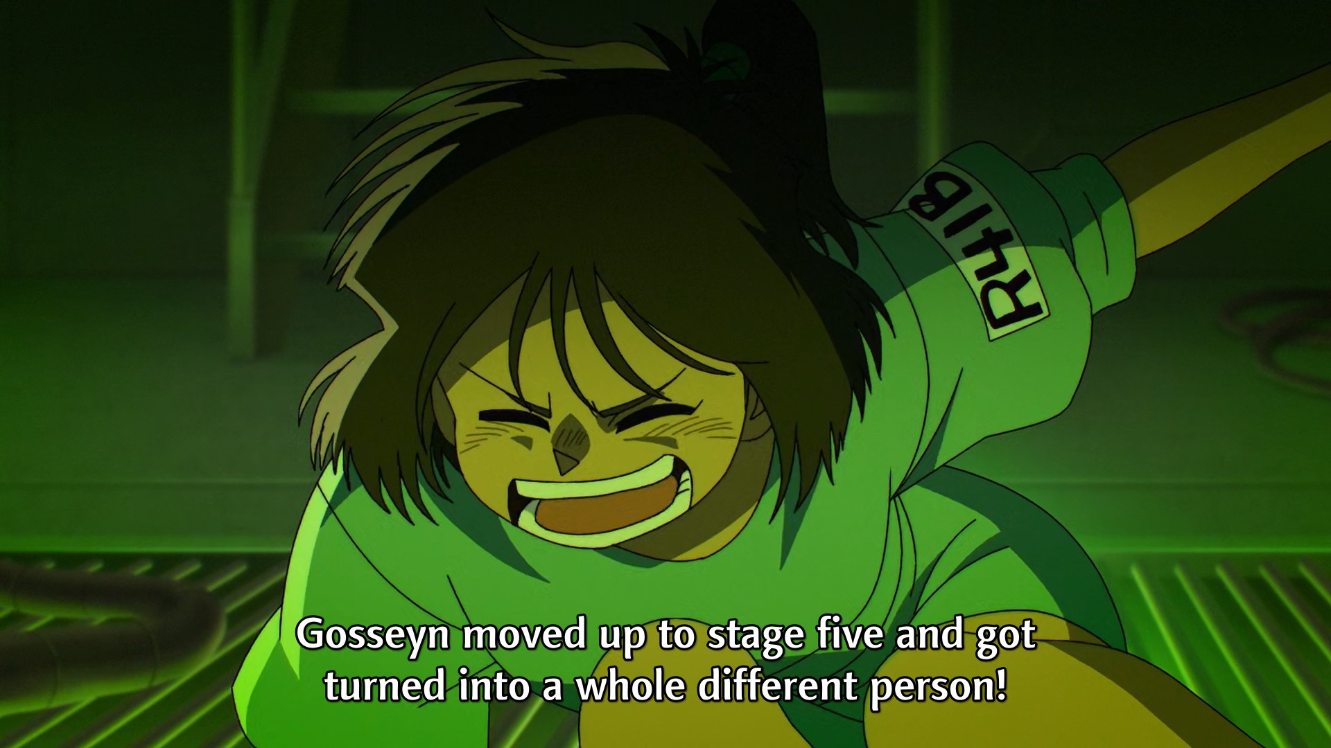 A young girl screaming that 'Gosseyn moved up to stage five and got turned into a whole different person!' 